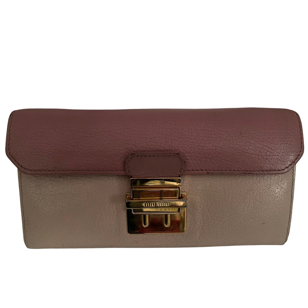 Miu Miu Madras Leather Long Wallet Pink Two Tone Gold Hardware Push Lock #666